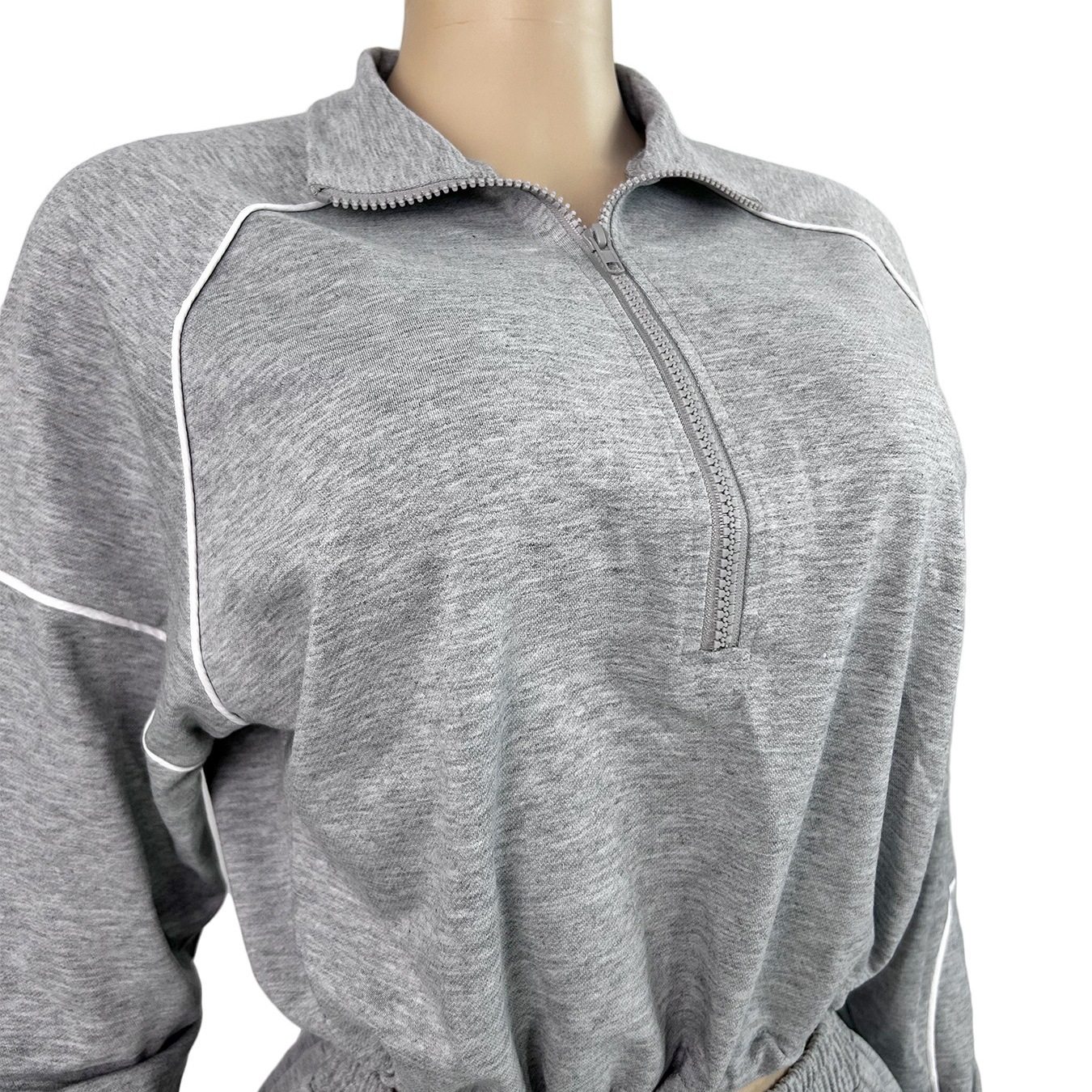 Hr25051 European and American Fashion Women's Elastic Buckle Waist Stripesd Half-Cardigan Sweatshirt Straight Sweatpants Two-Piece Set