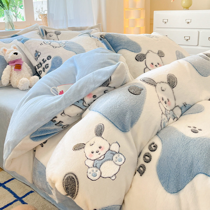 Cartoon Snowflake Milk Velvet Bedding Four-piece Set Autumn and Winter Children's Thickened Coral Velvet Quilt Cover Bed Sheet Three-piece Set