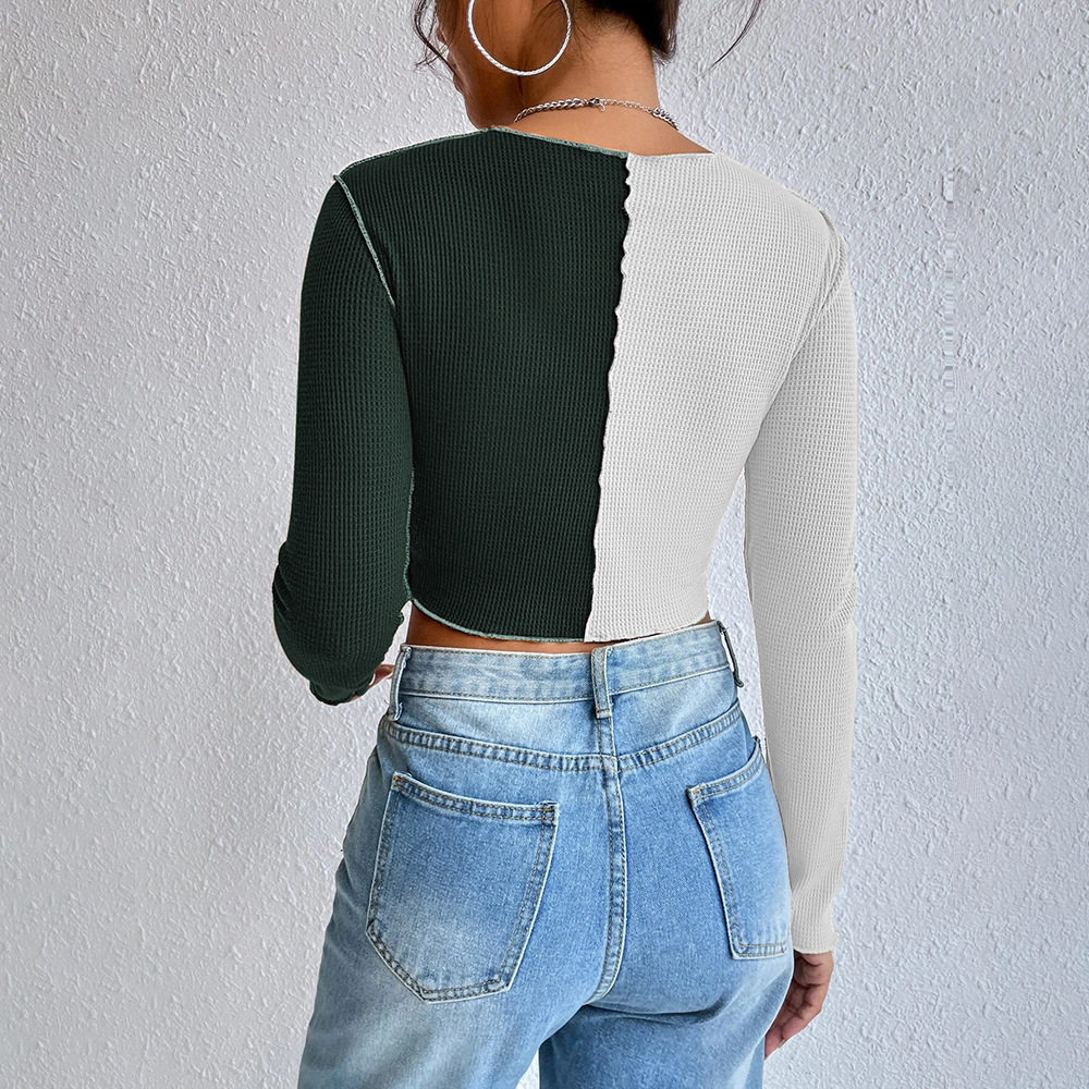 Color Blocked Waffle Knit Long Sleeve T Shirt Exposed Stitching Short Length Versatile Style Autumn Winter Wear