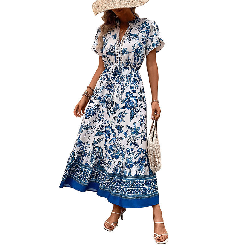 Vintage Floral Print Maxi Dress Slim Fit Blue Color Casual Style Perfect for Vacation Wholesale Available