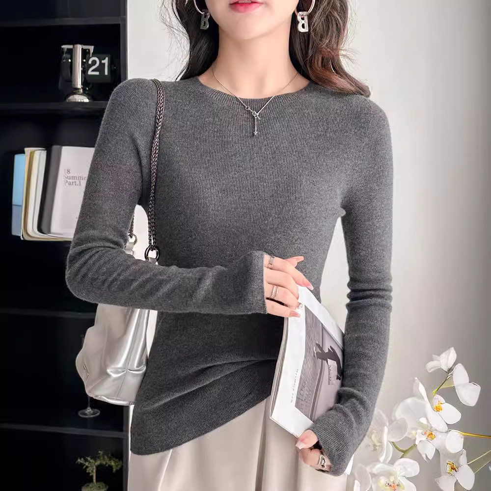 60支100精纺美丽诺细羊毛针织衫女装圆领套头无缝18针打底衫毛衣