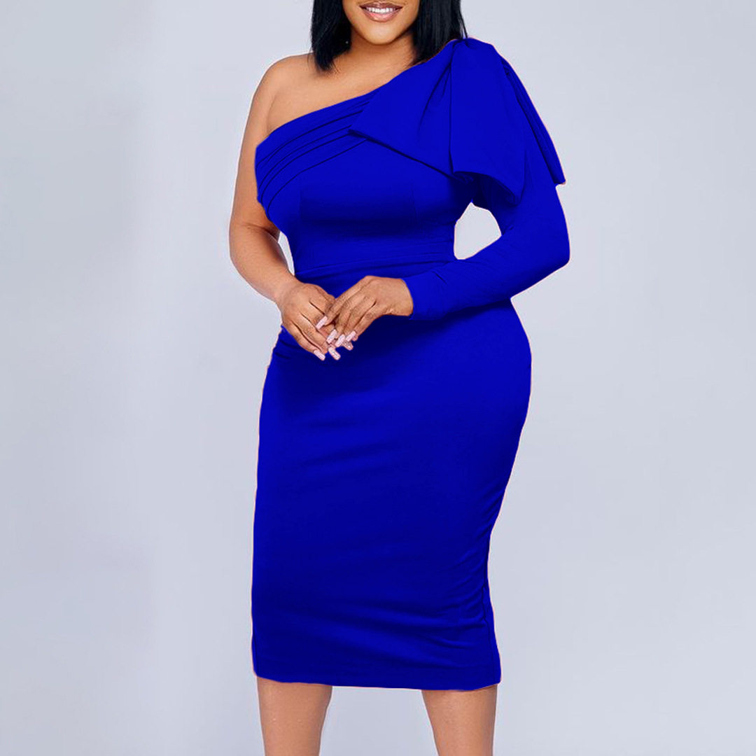 Plus Size Womens Dress Asymmetrical Neckline Solid Color Fashionable Bodycon Style Perfect for Parties or Events