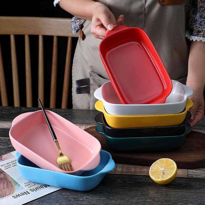 Baking Plate Baking Cheese Baked Rice Pasta Plate Bowl Binaural Long Plate Baking Bowl Oven Household Tableware Ceramic Plate