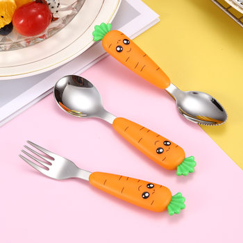 304 stainless steel cute cartoon radish children's tableware baby eating spoon Fork household fruit mud spoon baby tableware