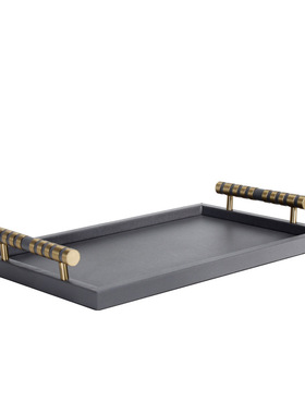 轻奢样板间装饰皮革长方形托盘金属扶手托盘客厅茶几桌面收纳摆件