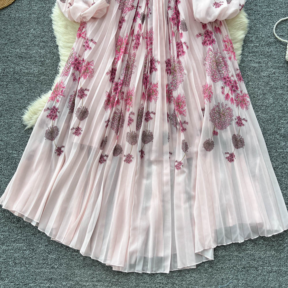 Elegant French Style Womens Dress High End Design Waist Defining Round Neck Lantern Sleeves Floral Print Perfect