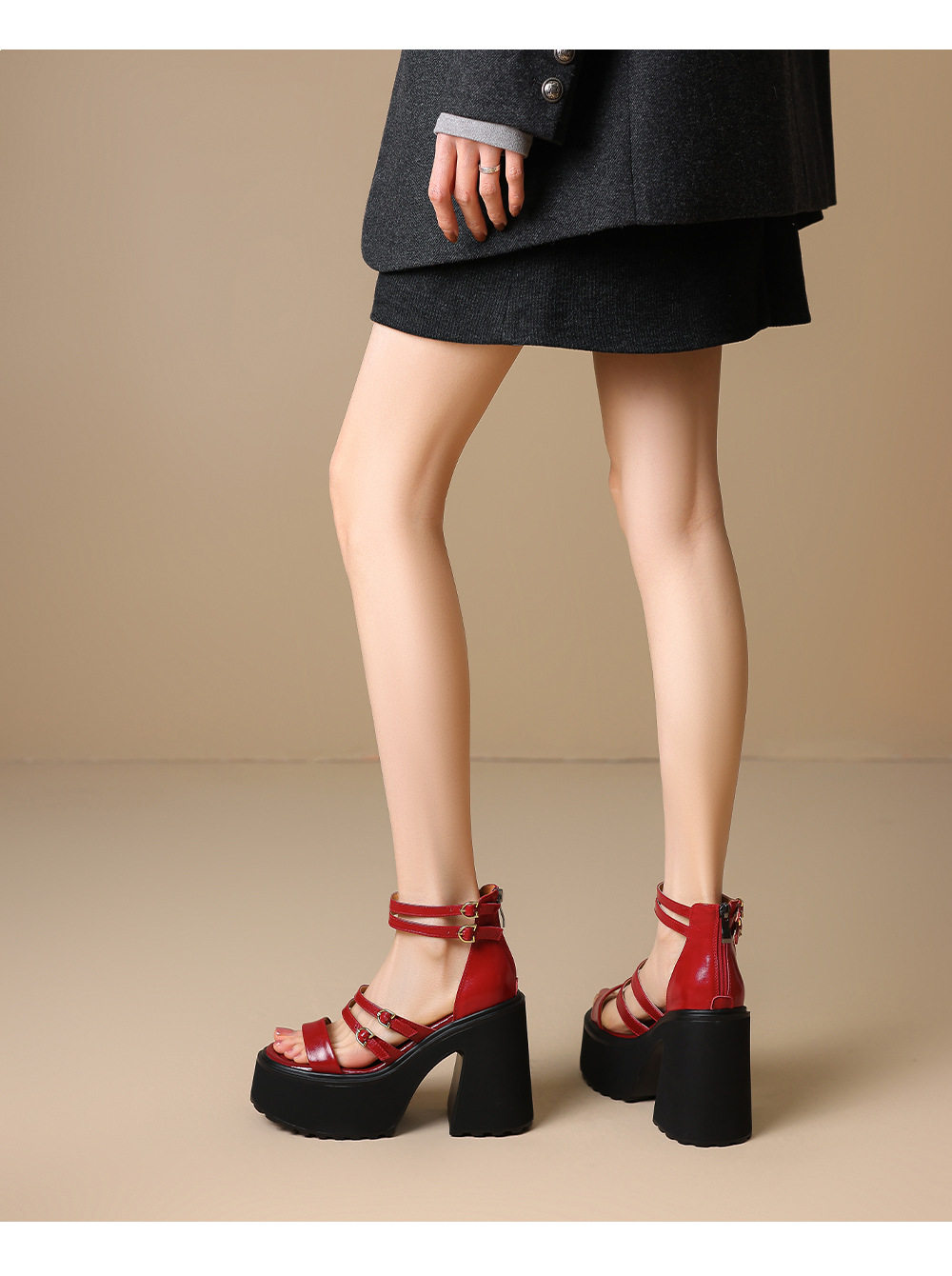 Sandal cao gót nữ hở mũi đế xuồng 12 cm phong cách La Mã — [Đen], [Đỏ] chi tiết 4