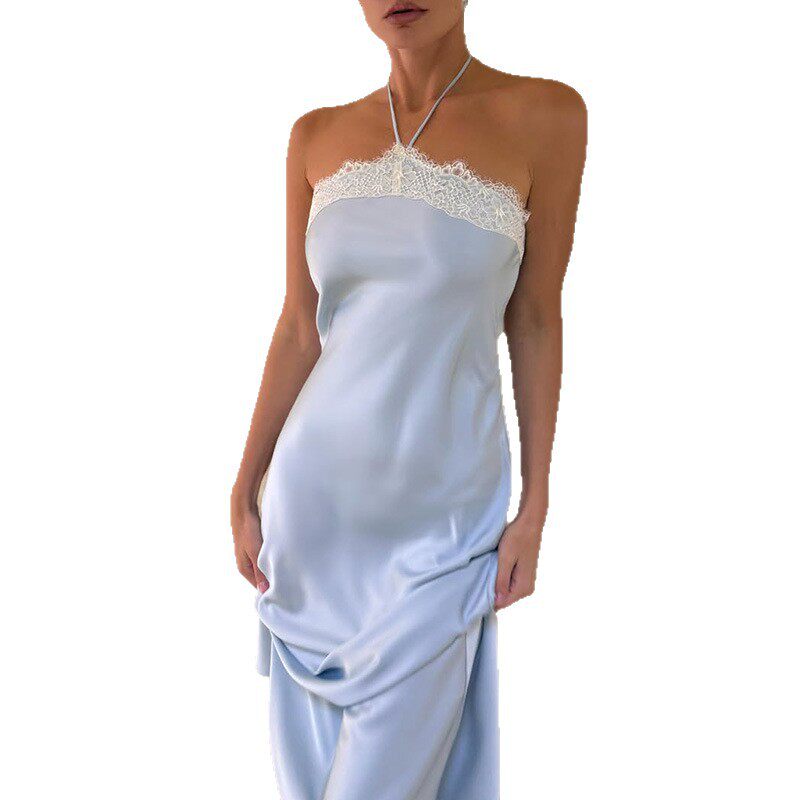 Sleeveless Lace Trim Satin Maxi Dress Skin Friendly Slim Fit Halter Neck Elegant Evening Wear Wholesale Available