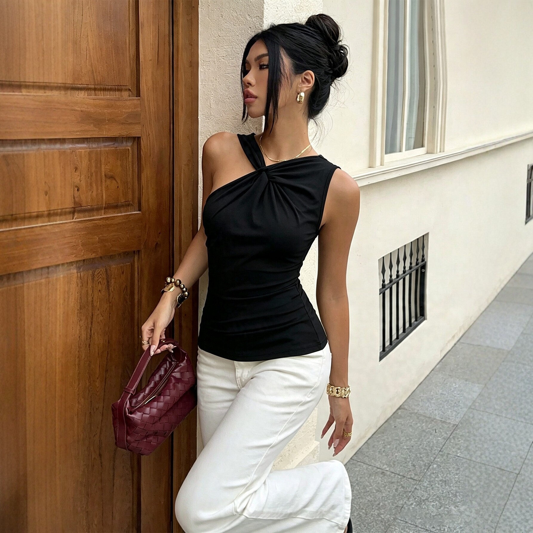 Twisted One Shoulder Sleeveless T Shirt for Women Summer Ruffled Slim Fit Solid Color Casual Wear Wholesale