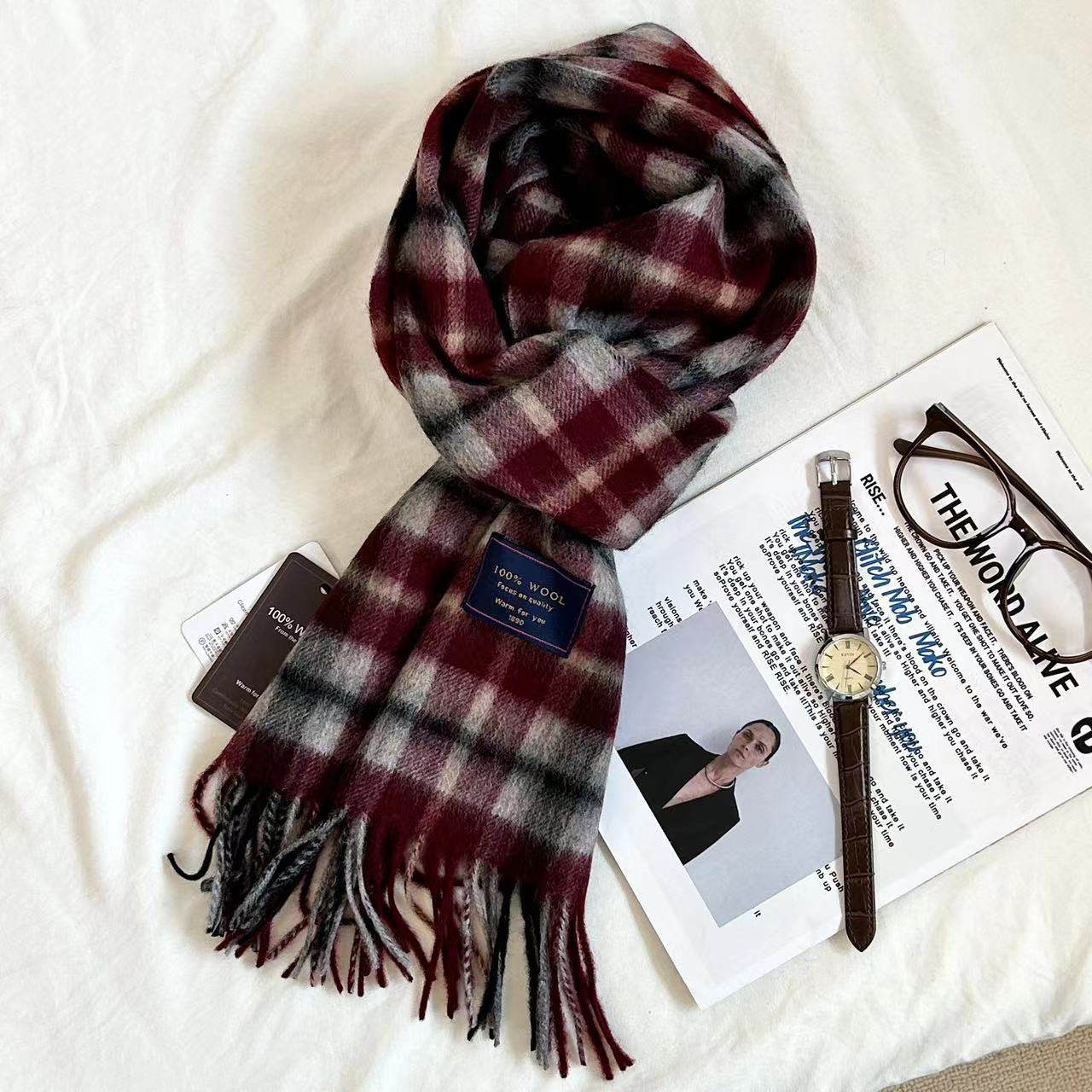 Australian Wool British All-match Plaid Scarf Women's Winter Men's Couple's Cashmere Warm Double-sided Scarf