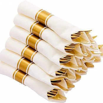 Cross-border Disposable Four-piece Plastic Golden Knife and Fork Spoon Napkin suit Wedding Party Catering Decorative Tableware