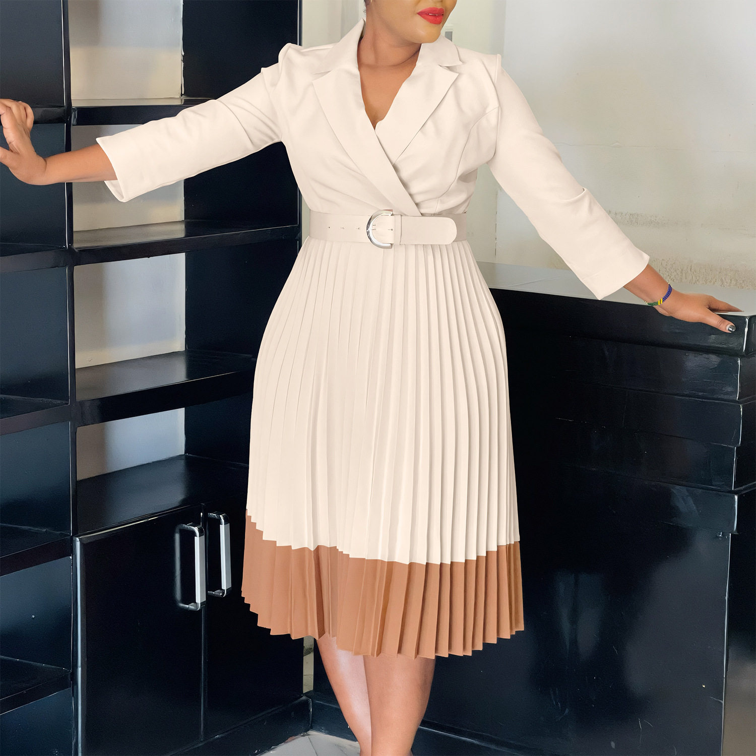 Elegant Color Block African Dress Spring Fashion Suit Collar High Waist Pleated Design Perfect for Office Wear