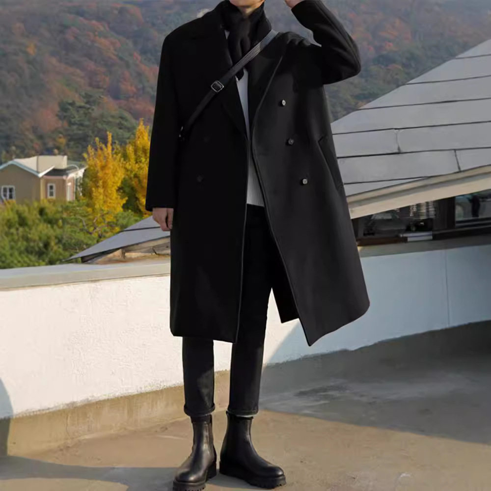 Mens Wool Overcoat Thick Warm Fabric Mid Length Available in Khaki and Black Wholesale Options