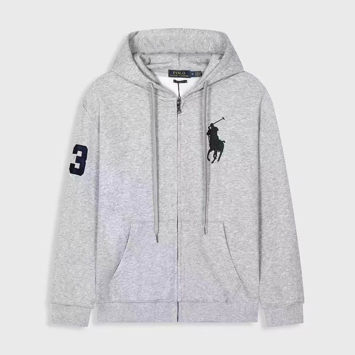 Cross-Border Men's Zip-Up Sweatshirt, Men's Fleece-Lined Winter Hoodie, Heavyweight Trendy Brand Pony Logo Embroidered Cardigan Sweatshirt Jacket