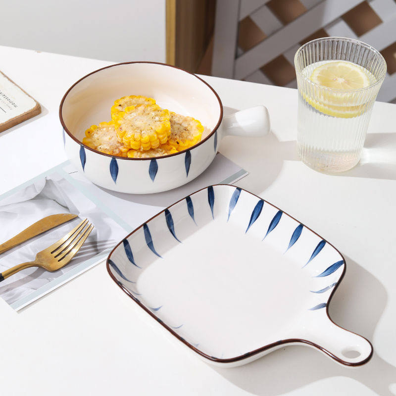 Japanese-Style Chiba Hand-Painted Handle Plate Bowl Instant Noodle Bowl Creative Trendy Oven-Safe Ceramic Tableware Set High Temperature Resistant