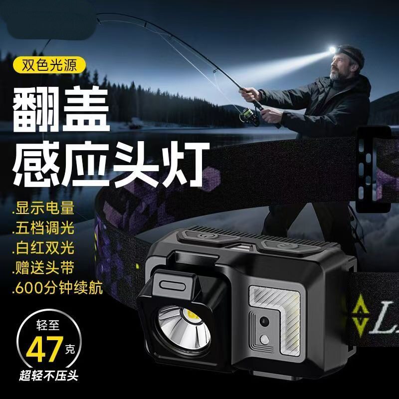 Dual Light Source Headlight, Strong Light, Ultra-Bright Rechargeable Laser Head-Mounted Flashlight, Long-Range Night Fishing, Ultra-Long Battery Life, Smart