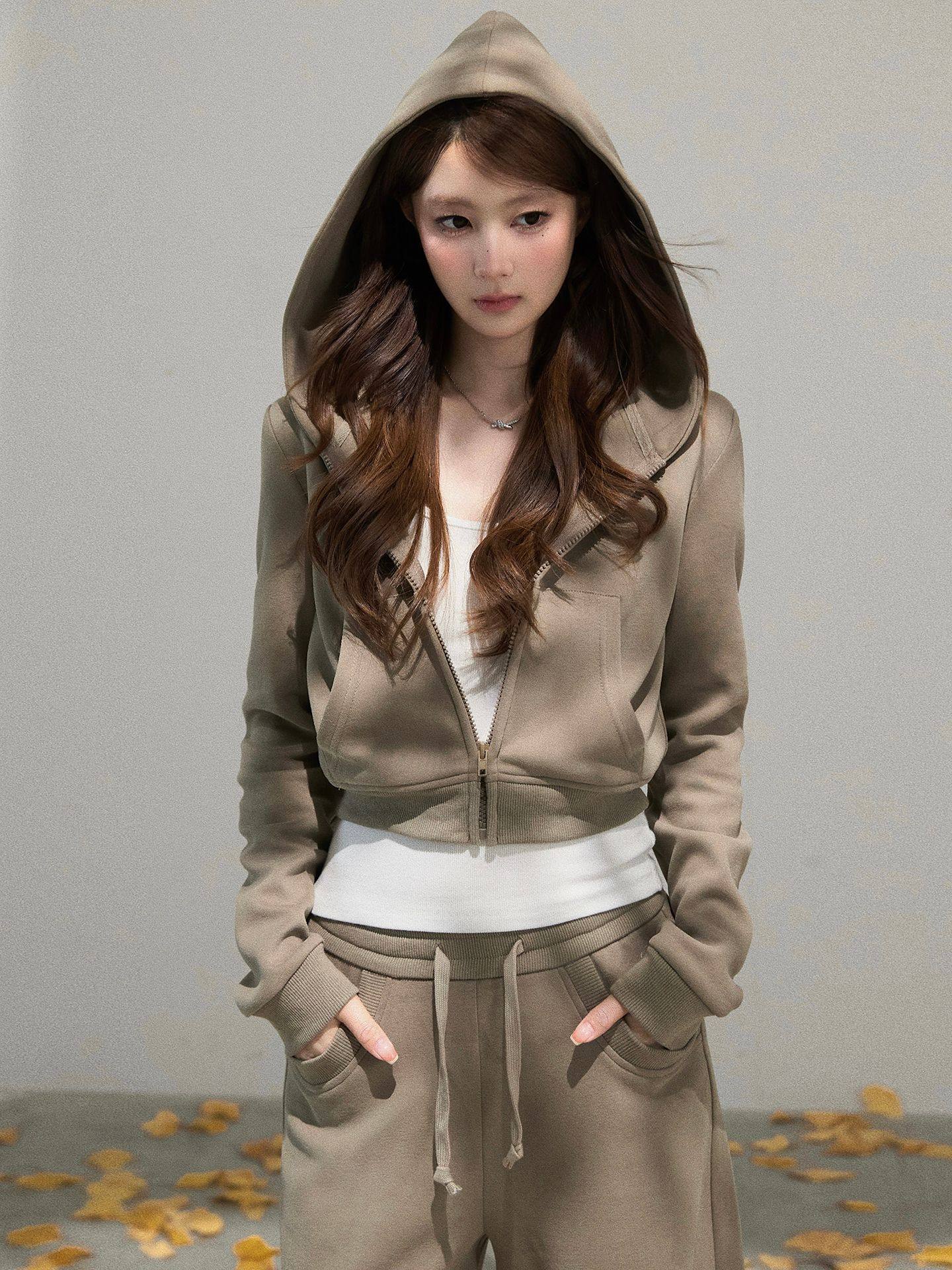 Korean Style Short Hooded Long-Sleeved Sweatshirt Jacket High-Waisted Lace-Up Pants Women's Spring & Fall New Slim Casual Two-Piece Set