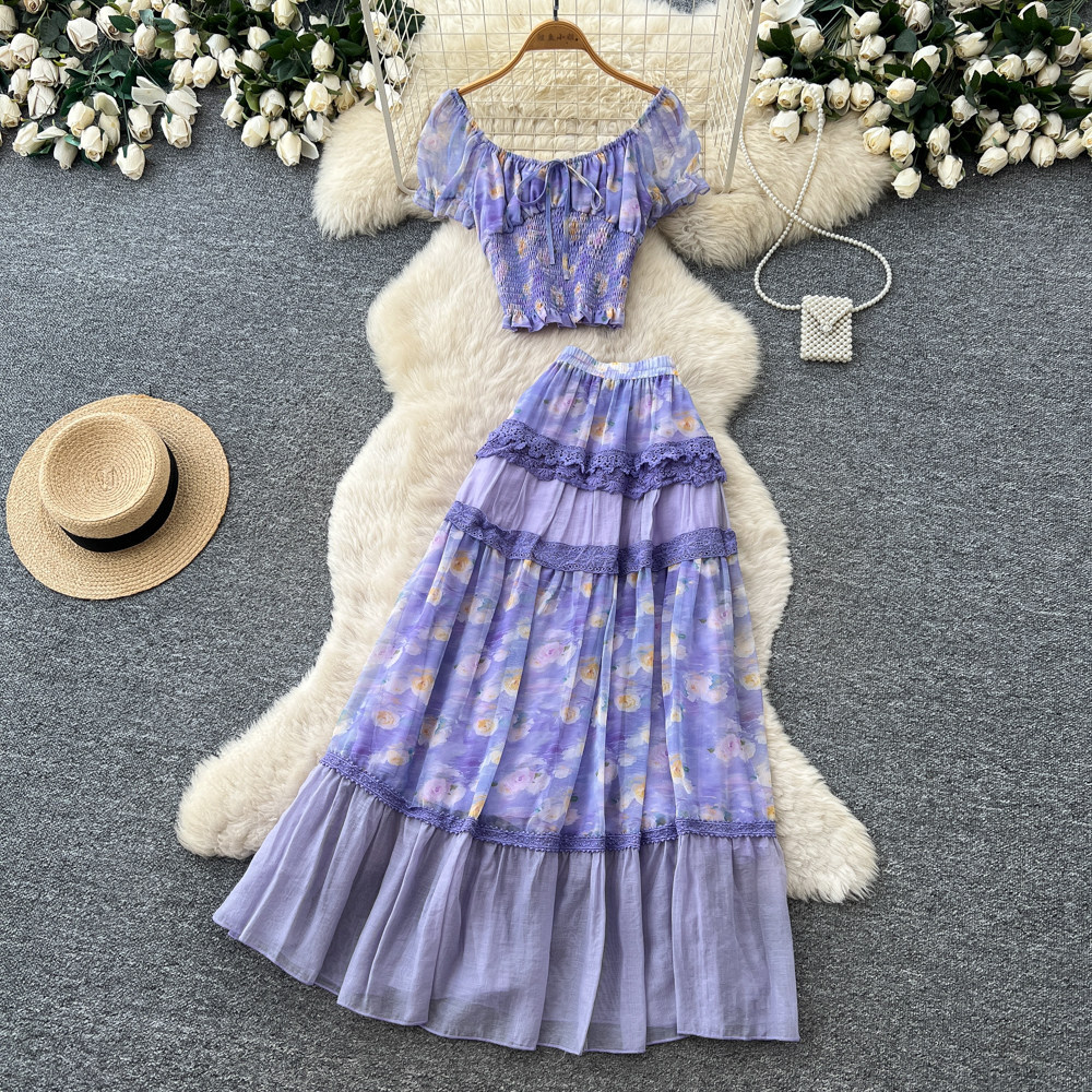 French Floral Two Piece Set Soft Fabric Waist Tie Top Mesh Cake Skirt Summer Casual Wear Wholesale Available