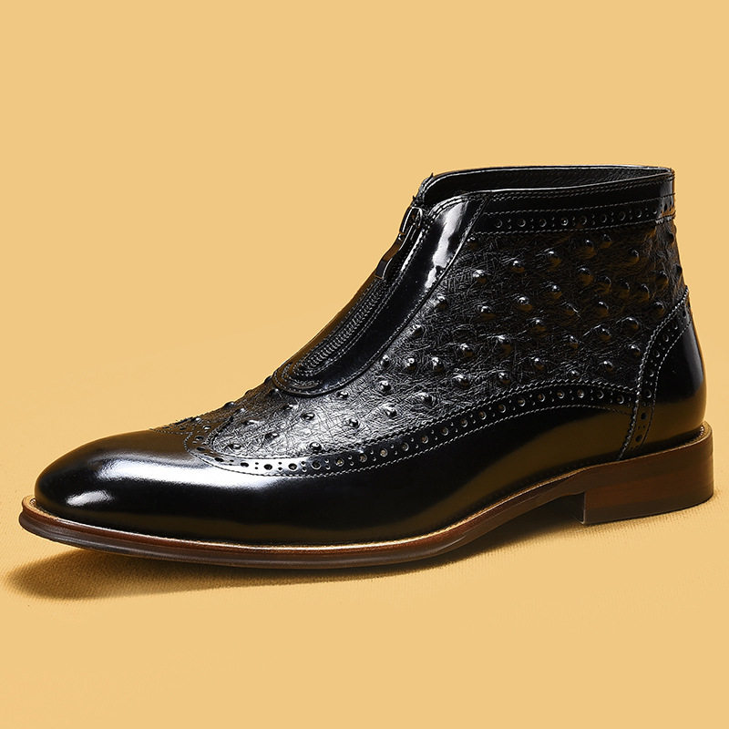 Boot Martin Nam Da Thật Vân Đà Điểu Dập Nổi Khóa Kéo Mũi Nhọn Da Bóng Chiều Cao Đế Khoảng 3cm Màu Đen, Nâu