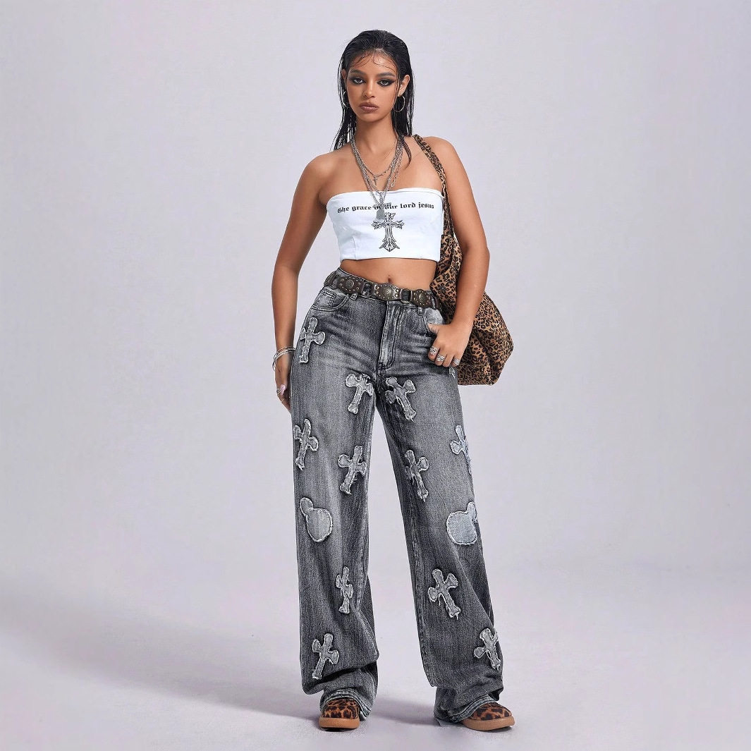 Vintage Embroidered Cross Denim Jeans Womens Straight Leg Retro Style Casual Wear Wholesale Available