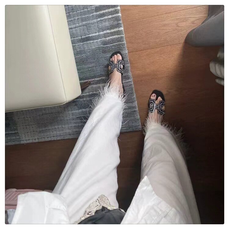 in stock and fast delivery New Rhinestone Flat Slippers Women's Summer Outfit Lazy Casual Thick Heel Cyber Celebrator Shoes