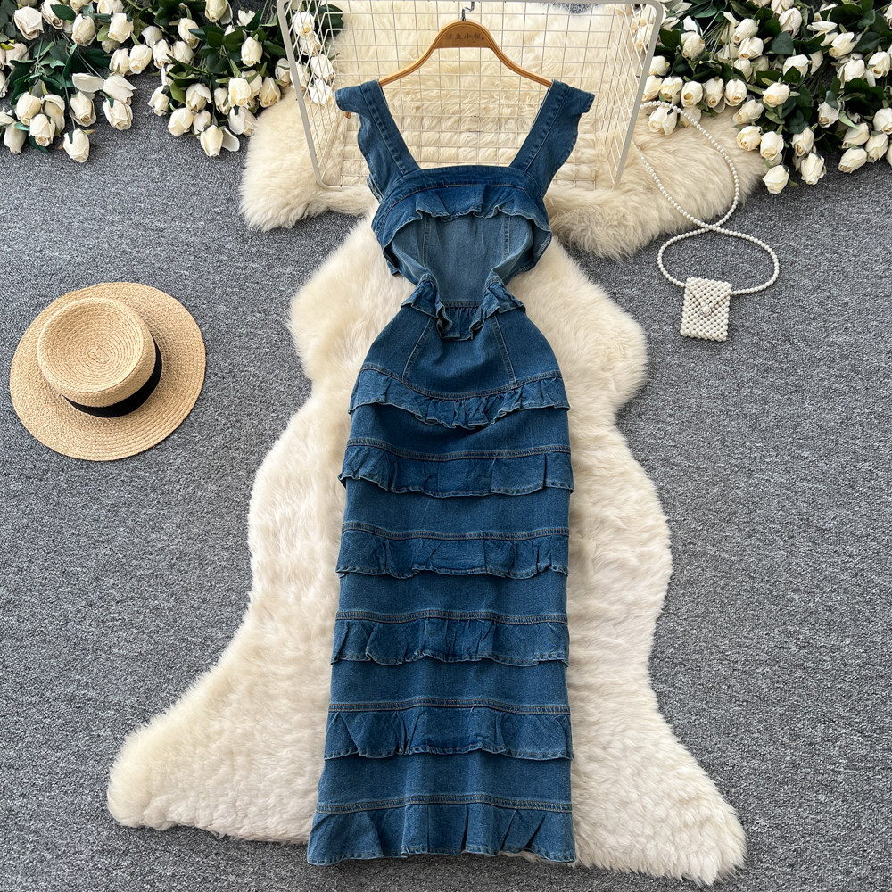Blue Denim Ruffle Hem Cami Dress French Romantic Style Square Neck Slim Fit Summer Fashion for Women Wholesale