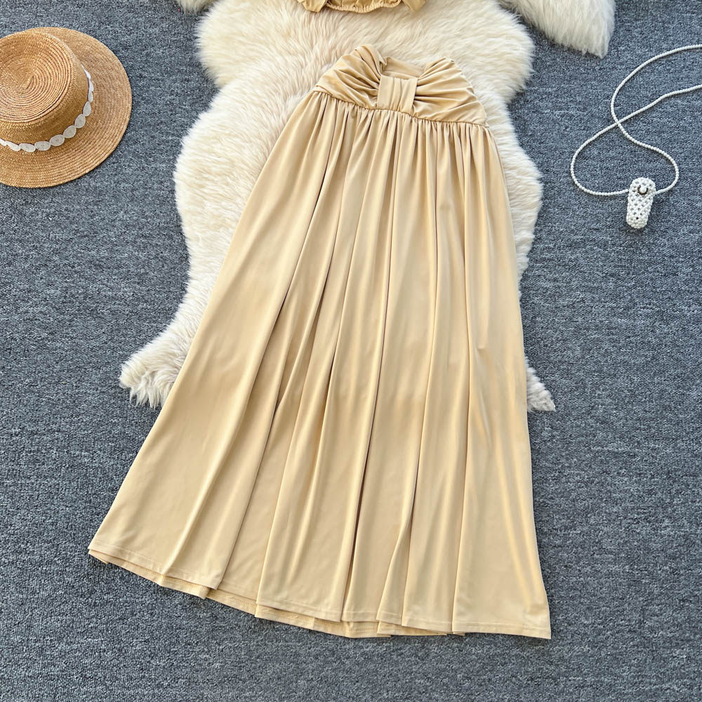 French Style Off Shoulder Crop Top and Ruched Maxi Skirt Set Spring Collection Sexy Vacation Ready Wholesale Available