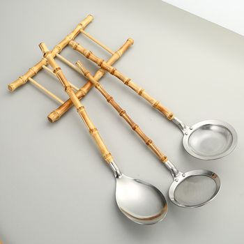 Cross-border Japanese-style kitchenware 304 stainless steel spatula set natural bamboo handle spoon colander oil grid mesh leakage