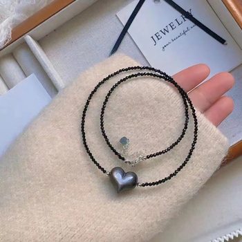 Natural silver Yao stone love fart peach clavicle chain obsidian cat's eye effect beaded necklace wholesale