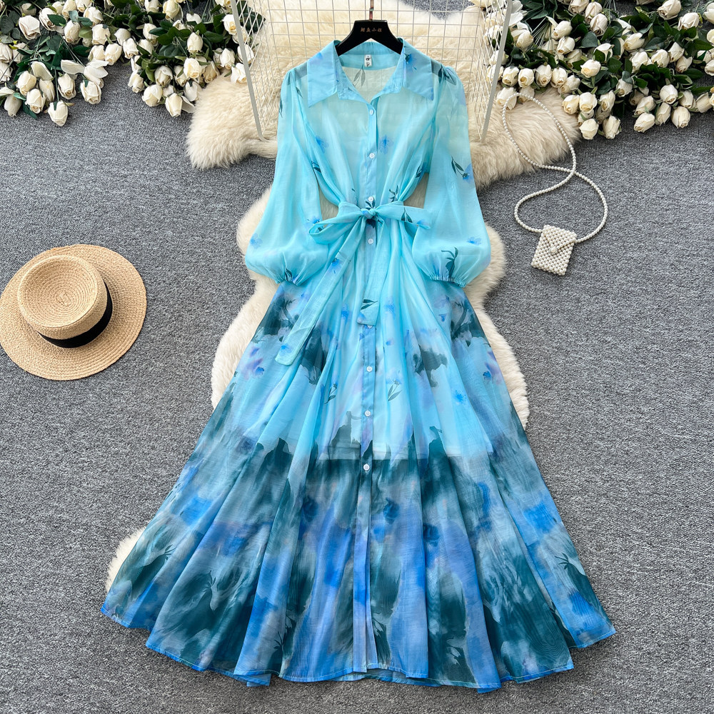 Tie Dye Gradient Print Dress Long Sleeve Waist Defined A Line Elegant Style Autumn Casual or Vacation Wear