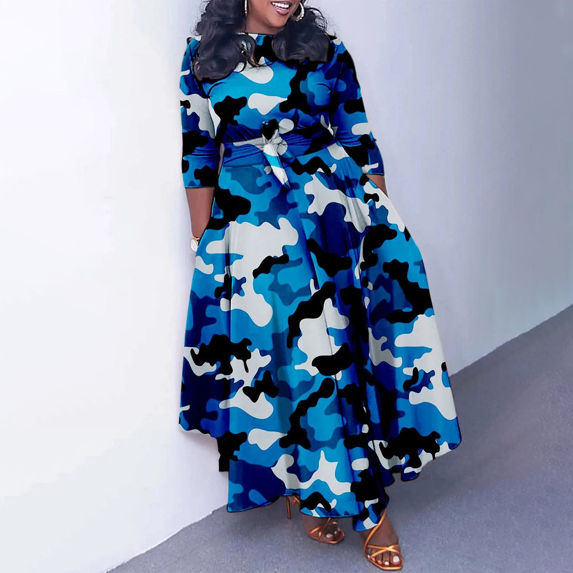 Plus Size African Print Midi Dress Stylish Tie Design Elegant Floral Pattern Spring Fashion Wholesale Available