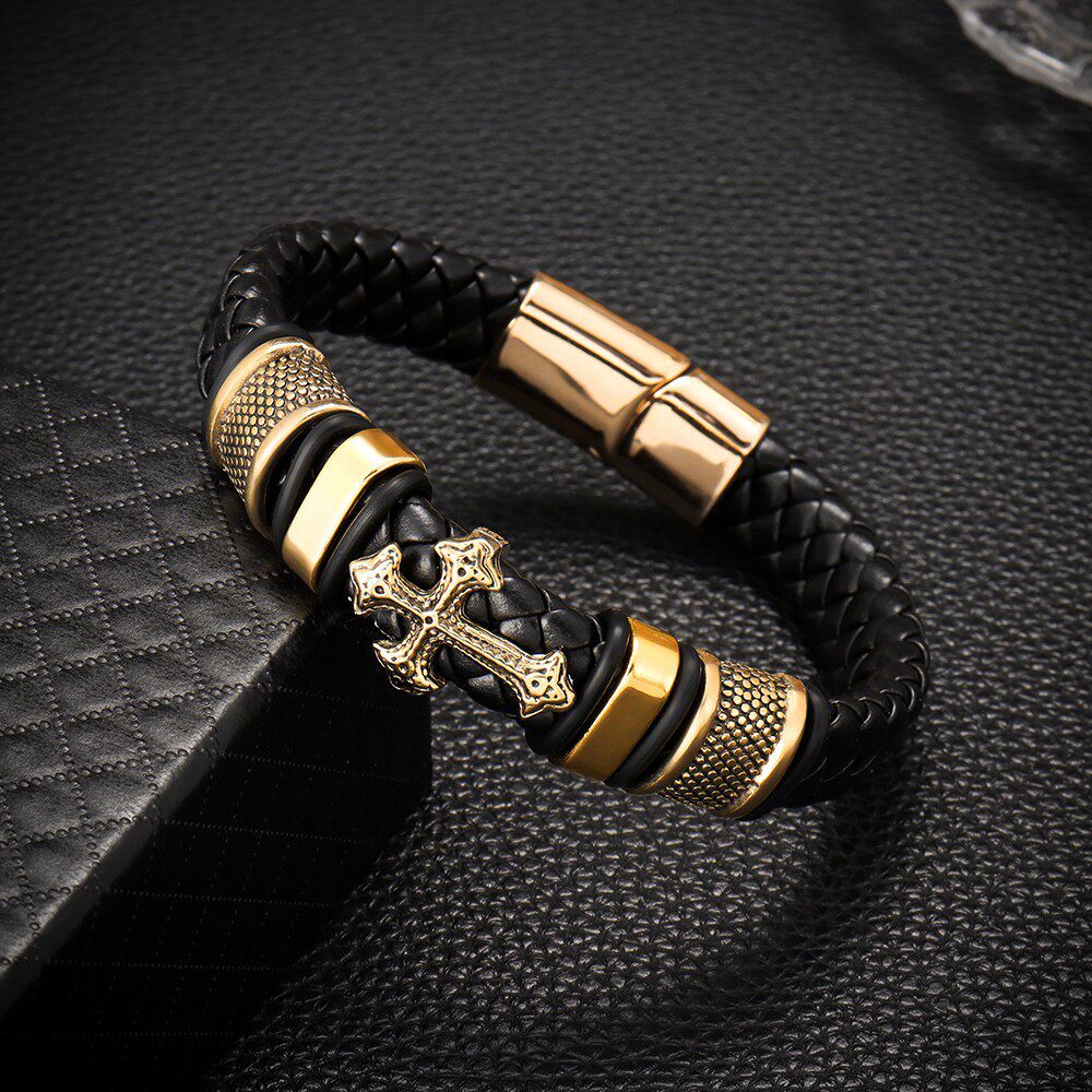 Temu hot sale cross-border leather handmade bracelet PU woven cross men's leather bracelet retro fashion