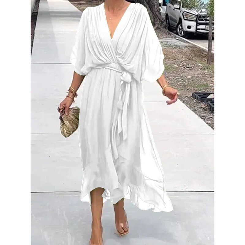 Batwing Sleeve Irregular Maxi Dress Solid Color Plus Size Elegant Design Perfect for Casual or Formal Occasions