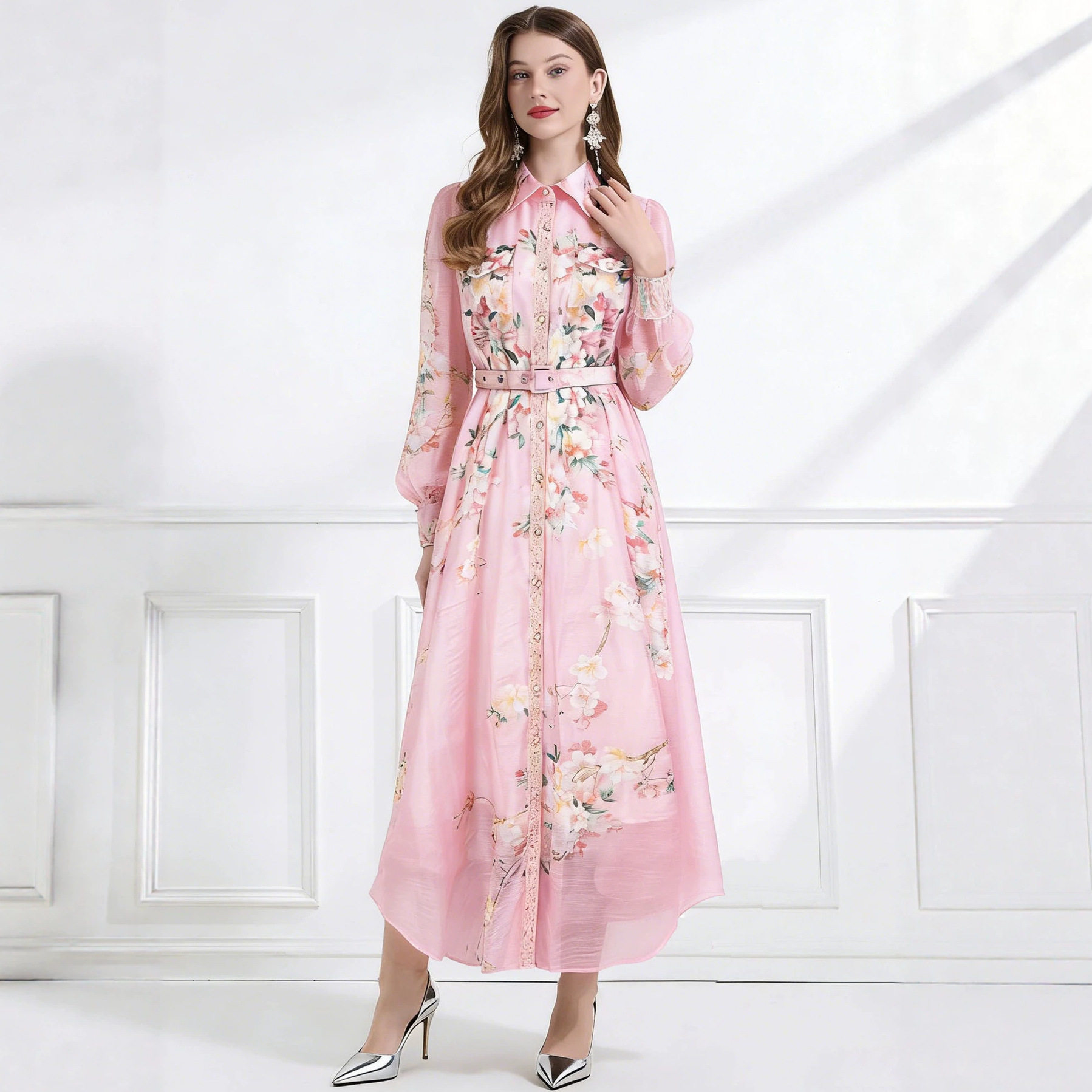 French Floral Print Long Sleeve A Line Dress Slim Fit Hollow Out Tie Waist Elegant Style Perfect for Office Wear