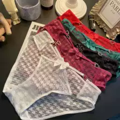 European and American Low Waist Sexy Hollow Jacquard Mesh Briefs Women's Metal Love Bow Benmingnian Lace Briefs