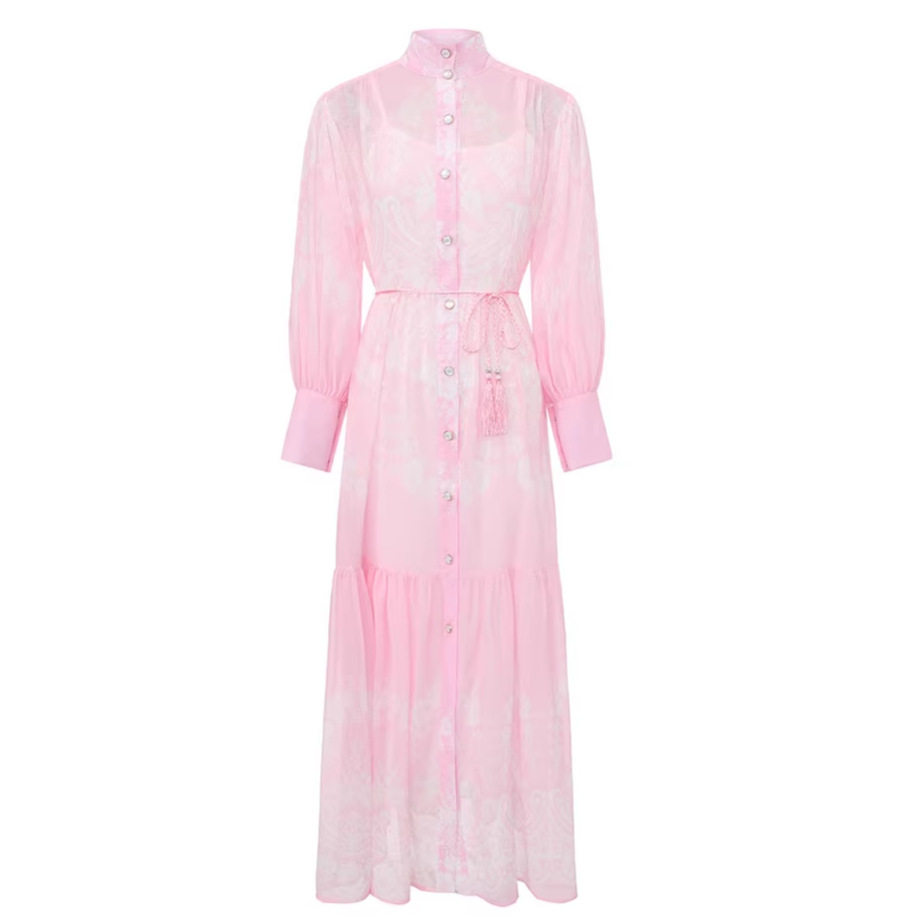French Collar Lantern Sleeve Printed Dress for Women Summer Long Sleeve Waist Defined A Line Vacation Style