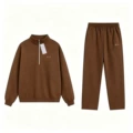 Coffee brown half-zip straight-leg pants - set (silver label)