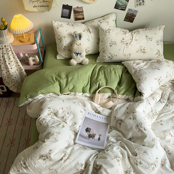 Maternity and Baby Grade a Ins Double-Layer Yarn Washed Cotton Four-Piece Set Super Soft Pure Cotton Quilt Cover Bed Bed Sheets Three-Piece Set Bed Bed Sheets Quilt Cover