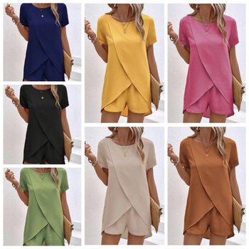 European and American cross-border 24-year Amazon spring and summer new solid color women's suit irregular top shorts two-piece set