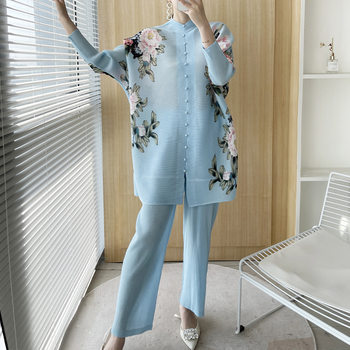 Pleated set 14-button set 2023 new Western-style large size breasted jacket + wide leg pants two-piece set slimming