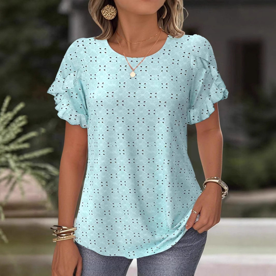 Womens Casual Summer Top Solid Color Lace Trim Short Sleeve Hollow Out Design Perfect for Everyday Wear