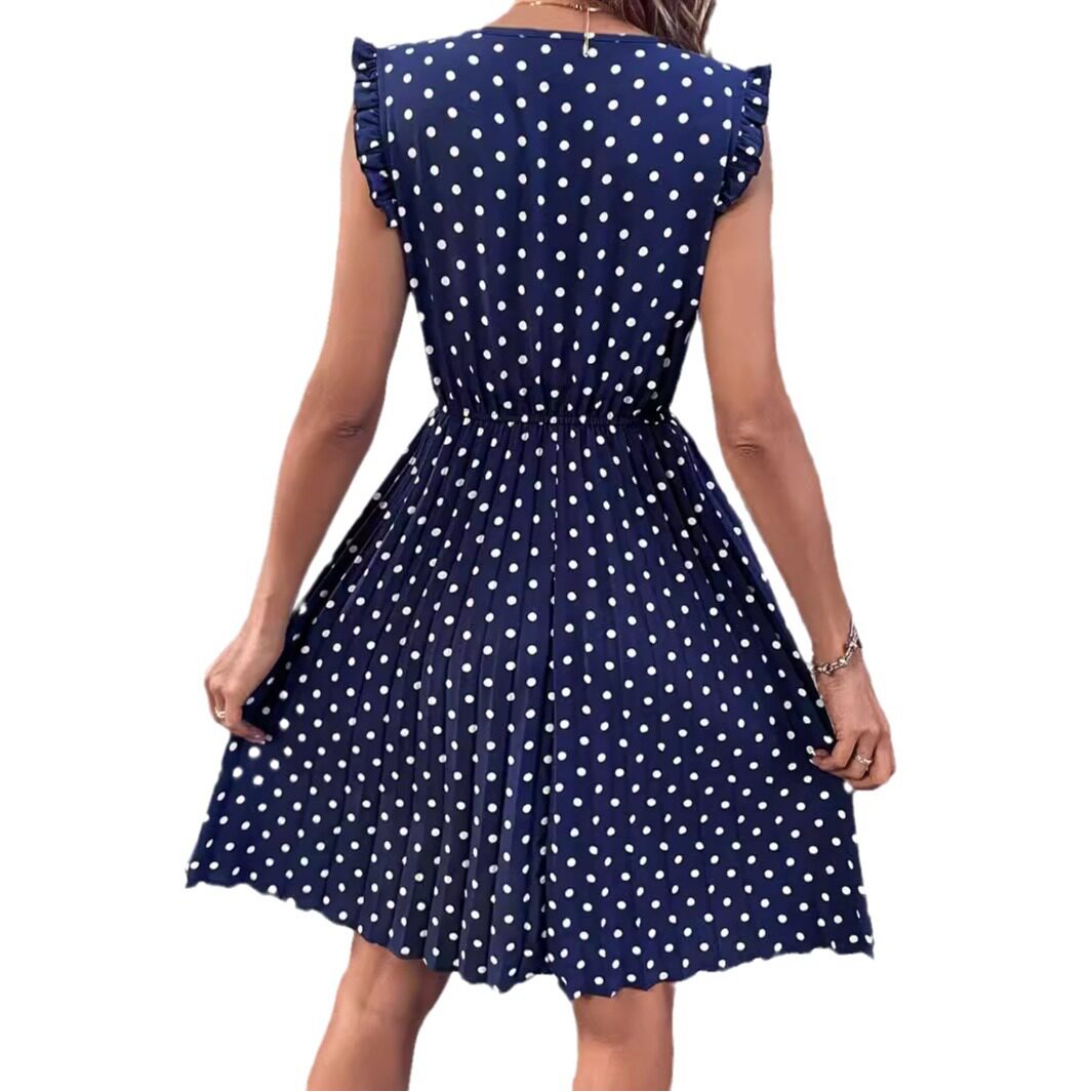 Polka Dot Ruffled Dress V Neck Short Sleeve Lightweight Fabric Casual Summer Wear Wholesale Available
