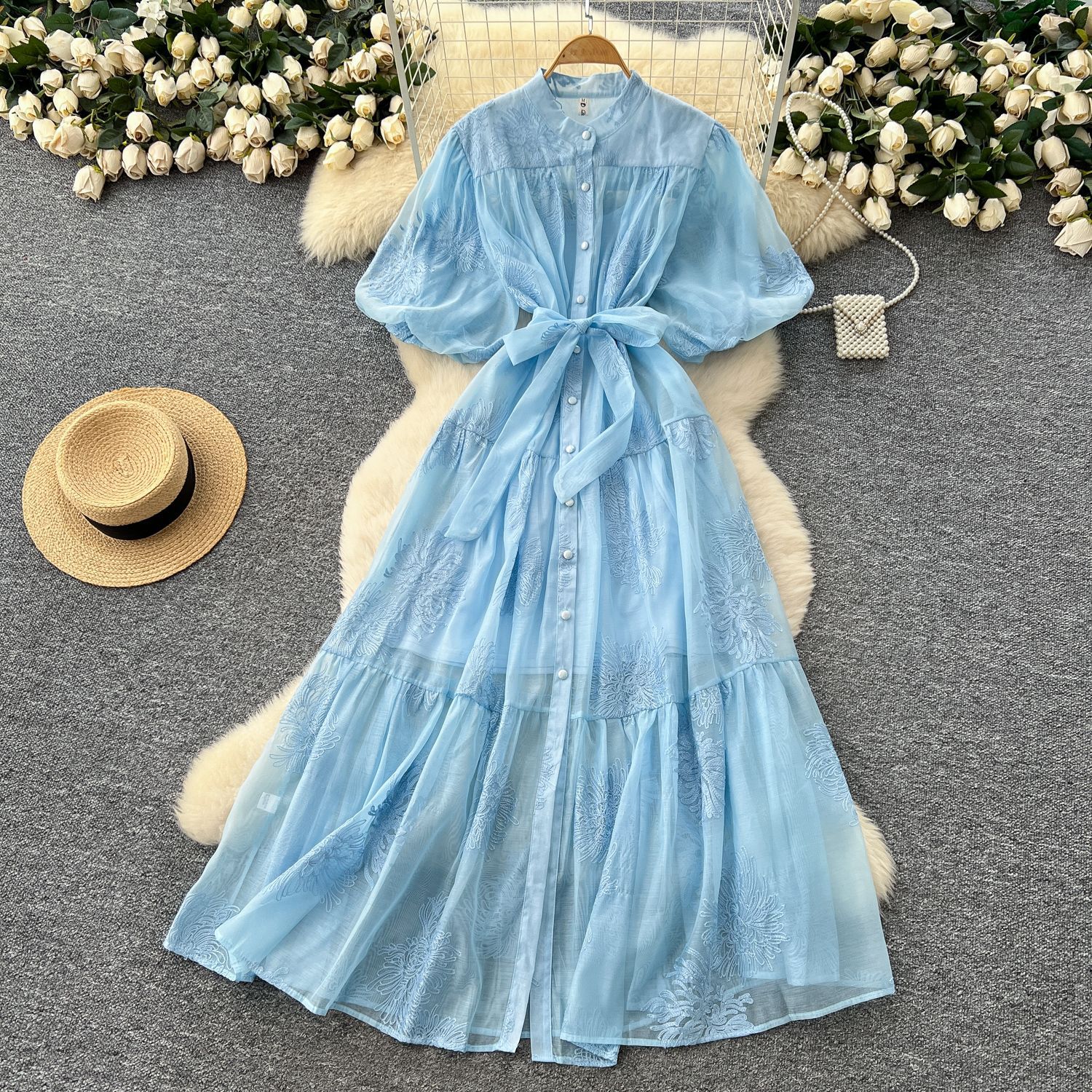 Embroidered Puff Sleeve Maxi Dress for Women Summer Fashion Elegant Fit and Flare Available in Multiple Colors and Sizes