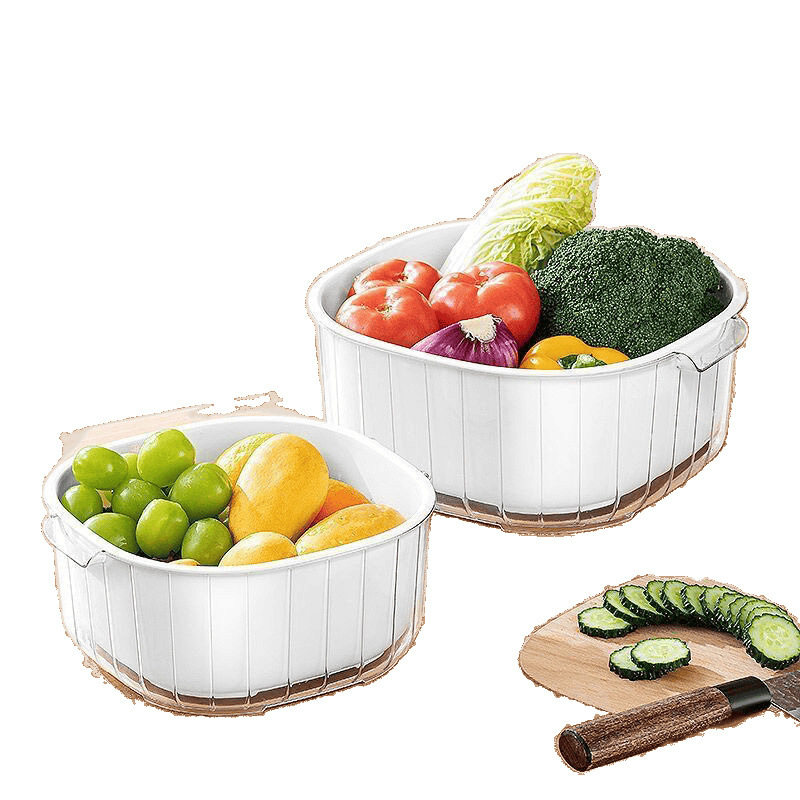 New Double-Layer Vegetable Washing and Draining Basket Living Room Plastic Fruit and Vegetable Thickened Water Filter Vegetable Basket Basin Home Kitchen