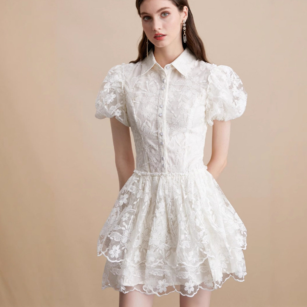 French Vintage Court Style Dress Elegant Embroidery Ruffled Hem Sweet Princess Silhouette Perfect for Parties and