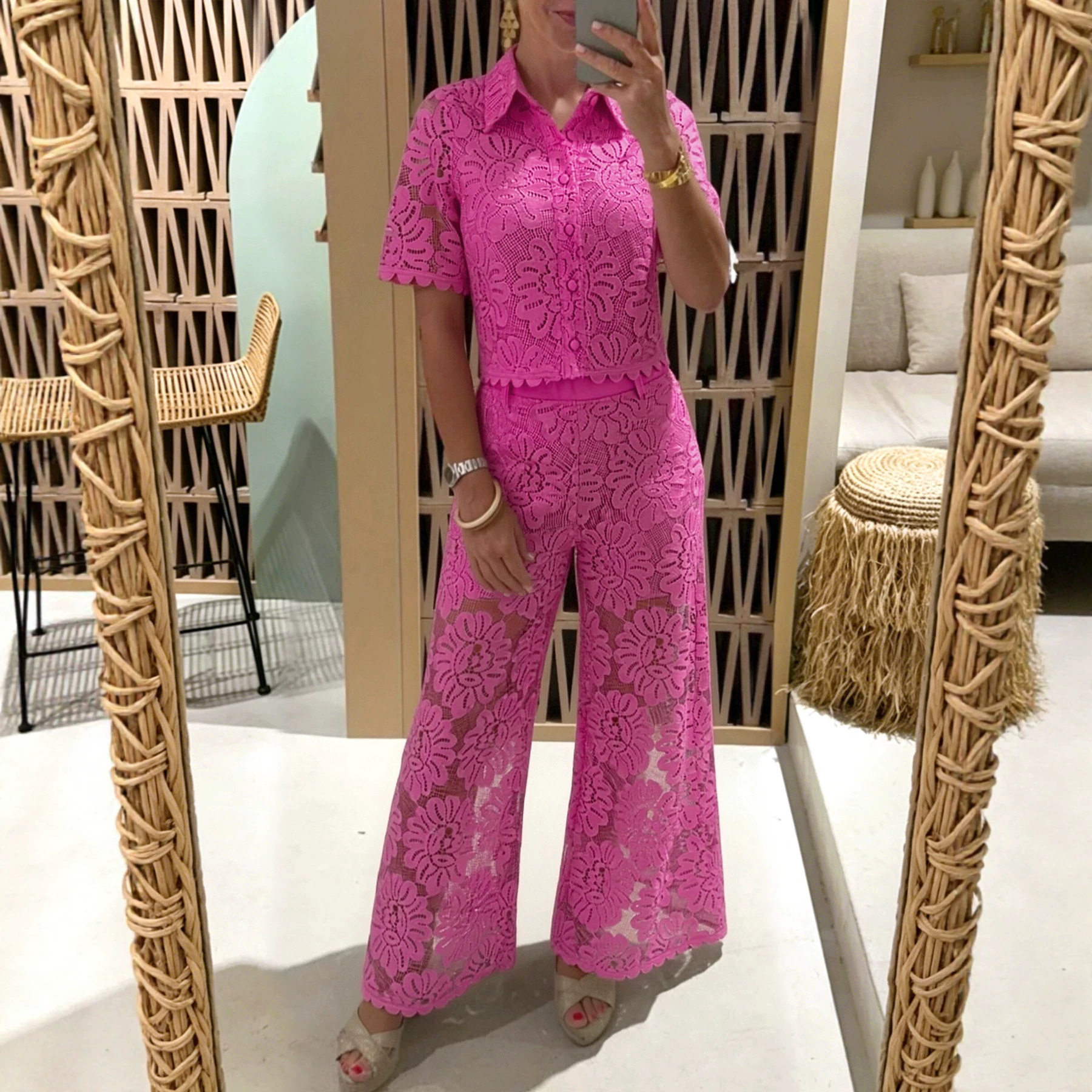 Lace Crochet Short Sleeve Top and High Waist Pants Set Elegant Design Solid Color Comfortable Fit Perfect for Casual