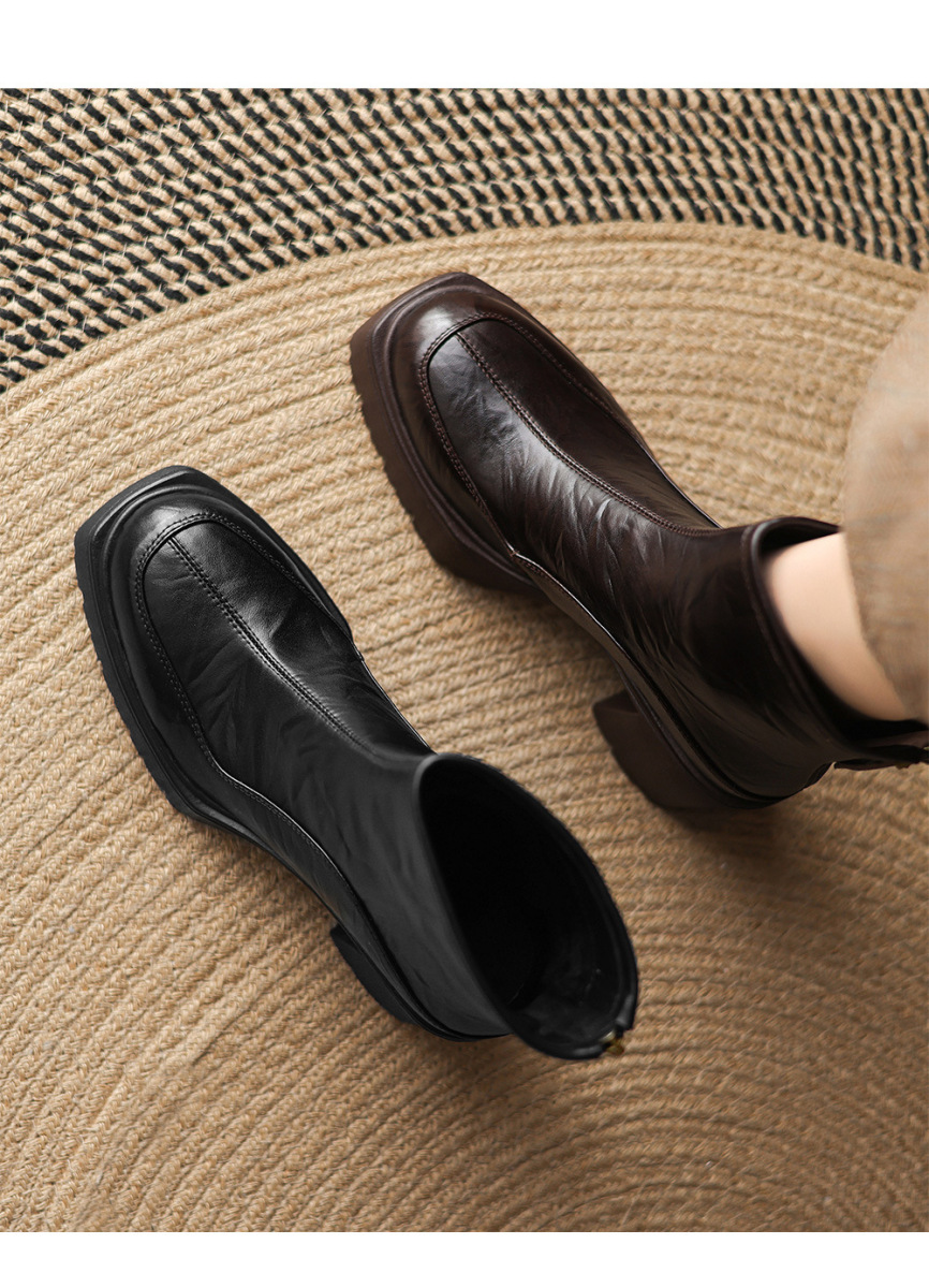 Boot nữ da bò mũi vuông gót thô 8cm đế cao su chống trượt — Lớp lót đơn màu đen, Lớp lót đơn màu nâu, Lót nhung đen, Lót nhung màu nâu