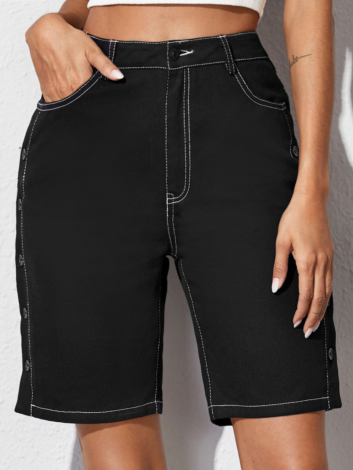 High Waisted Denim Shorts Button Detail Straight Cut Fashionable Spring Summer Casual Wear Wholesale Available