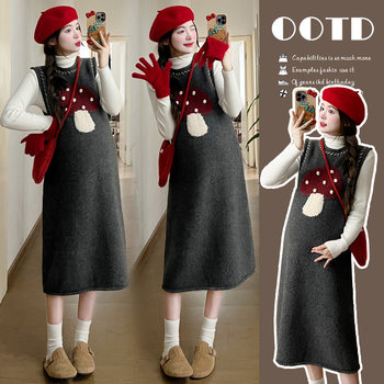 Pregnant Women dress Spring Autumn and Winter Long High Collar Base Shirt Fashionable Age-reducing Sweater Dress Two-piece Outer Wear Vessel Skirt