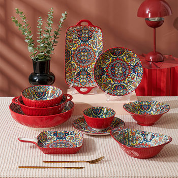 Cross-border Bowl Set Bohemian Tableware Ceramic Bowl and Dish Rice Bowl Large Soup Bowl Plate Ceramic Household Dish Plate